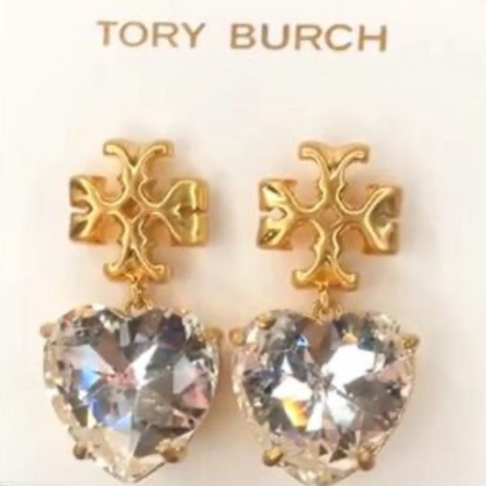 NEW Tory Burch Roxanne Czech Stone Heart Drop Earrings